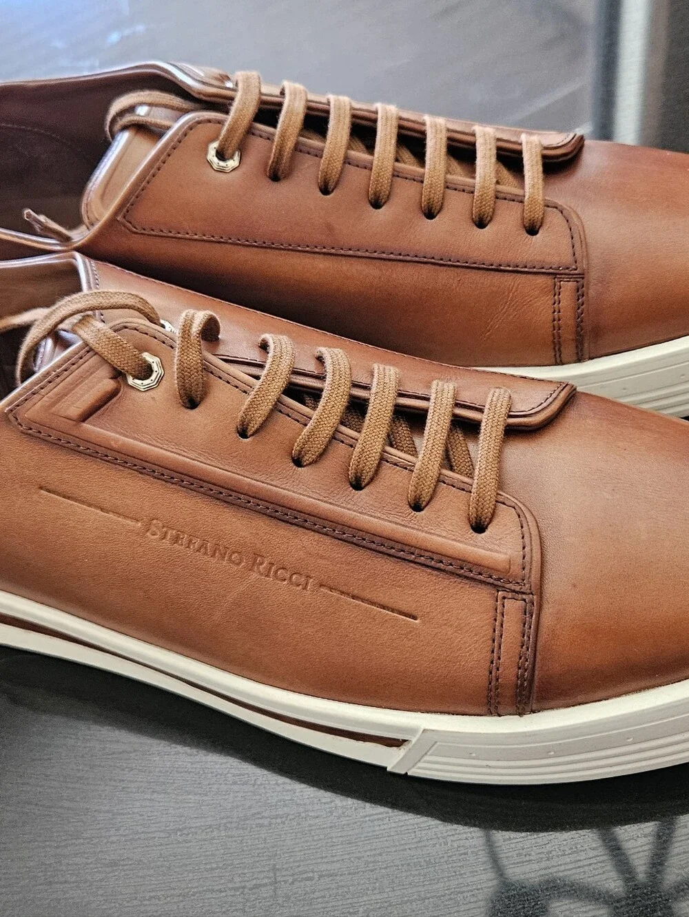 Stefano Ricci Brown Leather Low-Top Sneakers with White Sole